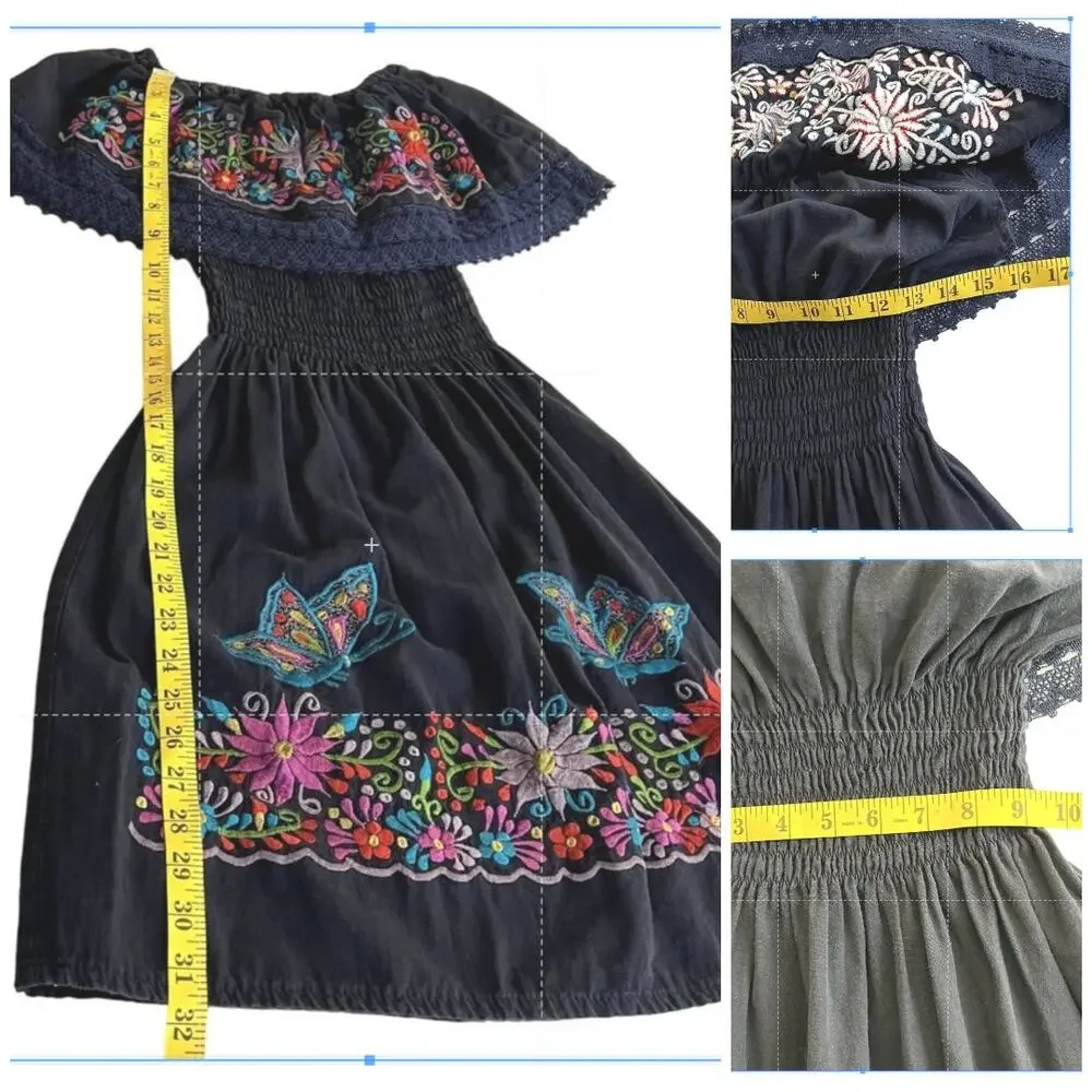 Artisan Mexican Embroidered Campesina Peasant Dress Girls 7-8 Black Boho